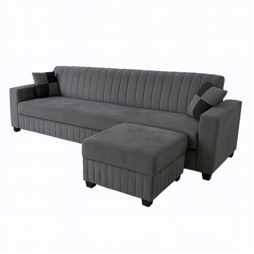 Image of FURNY Gracinta Fabric 4 Seater Convertiable L Shape Sofa Set 3Seater Modern Sofa Set & Ottoman for Living Room (Dark Grey) with Velvet Fabric | Durable Comfort | Modern Design | IDE