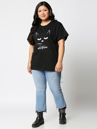 Image of Bewakoof Women's 100% Cotton Graphic Print Boyfriend Fit Round Neck Plus Size T-Shirt