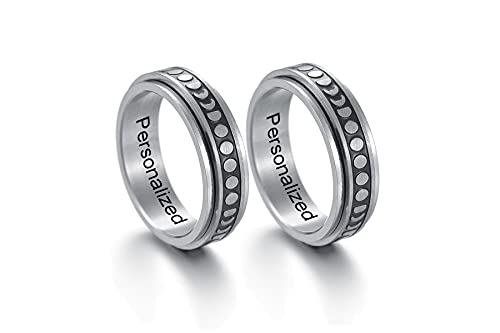 MZZJ BFF Ring for 2 Personazlied BFF Friendship Brushed Stainless Steel Vintage Moon Phase Shape Crescent Spinner Fidget Step Edges Anxiety MeditationRing Wedding Band,Graduation Gift for Best Friends