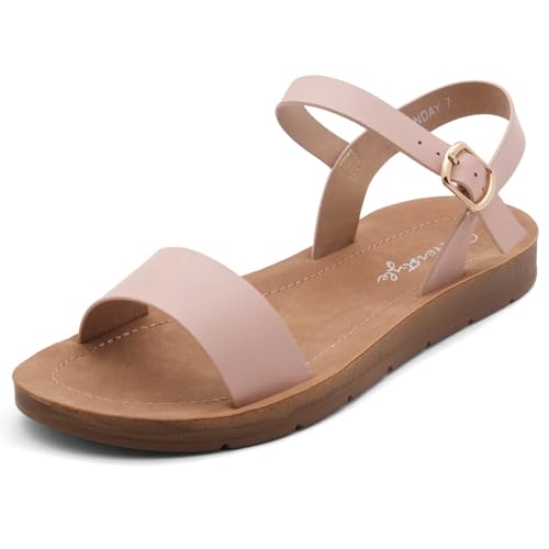 Image of Herstyle Flat Sandals for Women - Open Toe 1 Band Ankle Strap Summer Dressy Sandals, Lightweight Casual Strappy Slip-On Flats with Adjustable Buckle