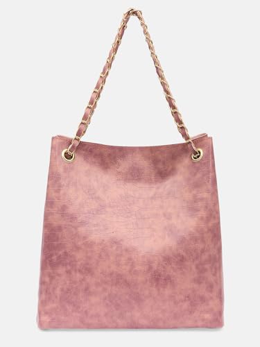 Image of Bagsy Malone Bucket Shaped Tote Bag -Set of 2 | Handcrafted Side Tote Bag and Handbag for Office and College (Croco Pink)