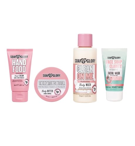 Soap & Glory Star Treatment Skin Care Set - Includes Hand Food Hand Cream The Righteous Body Butter Cream Clean on Me Shower Gel & Face Soap and Clarity Vitamin C Facial Cleanser (4 Pieces)