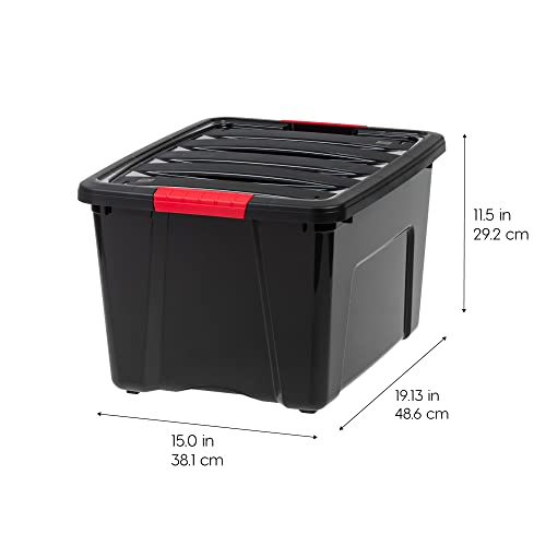 Image of IRIS USA 40 Qt Stackable Plastic Storage Bins with Lids, 6 Pack - BPA-Free, Made in USA - Garage Organizing Solution, Latches, Durable Nestable Containers, Secure Pull Handle - Black