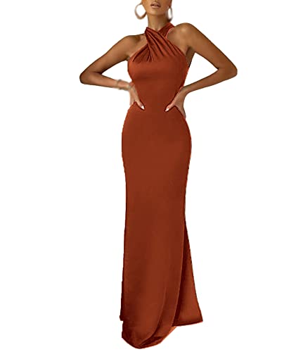 Image of xxxiticat Women's Satin Long Dress Sleeveless Halter Neck Backless Buckle Slip Cold Shoulder Mermaid Prom Party Maxi Dress