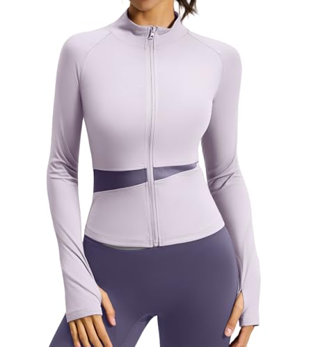 ATRACTIVOLL Chaqueta Deportiva Mujer Manga Larga Corriendo Tops Ligero Transpirable con agujeros para el pulgar con Cremallera Yoga Ropa Ajustada Chaqueta de Entrenamiento Fitness Correr Gimnasio