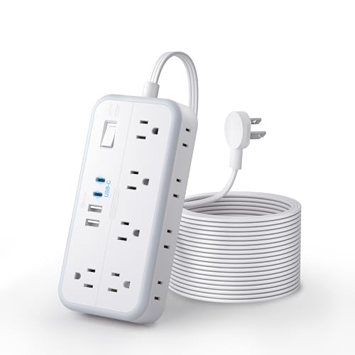 Flat Extension Cord 15 FT, NTONPOWER Surge Protector Power Strip with 10 Widely Outlets 4 USB Ports (2 USB C), 3 Side, Overload Protection, 2700J, Wall Mount, Multiple Outlets for Home Office, White