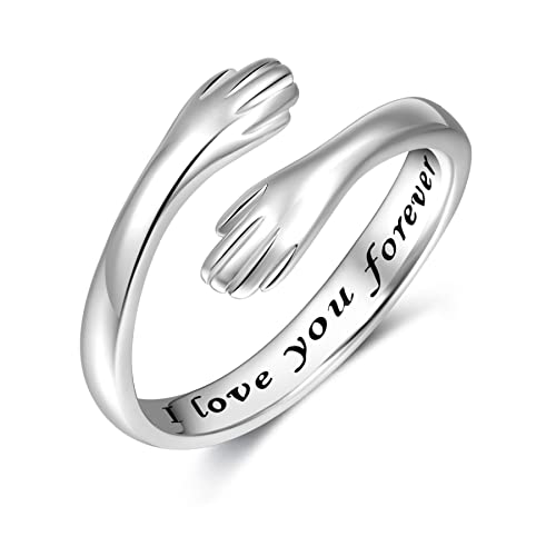 LOUMILEO Plata de Ley 925 Anillos de Abrazo para Parejas Anillos de Abrazo de Mano Anillo de Promesa Abierta con Manos Abrazadas para Mujeres y Hombres Ajustable Cover