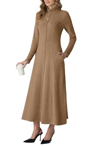 GRECERELLE Women's 2025 Fall Winter Casual Mock Neck Long Sleeve Flared Maxi Sweater Dress with Pockets (XS - 3XL)