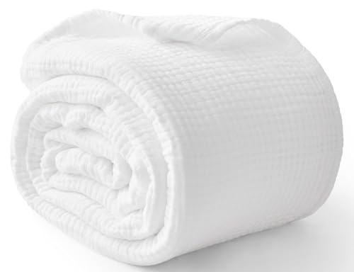 Image of 100% Cotton Muslin Blanket Queen 90 inch x 90 inch, 6 Layers Breathable and Lightweight Cotton Throw Blanket for Bed, Soft Quilt Bedspread Coverlet, Gauze Blanket for Adults All Season, White