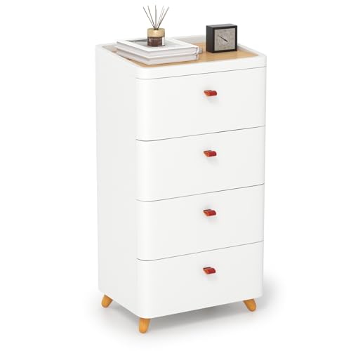 COSTWAY Commode 4 Tiroirs, Meuble Rangement Tiroirs en Plastique, Commode Chambre sur Pied, Pieds en Bois Massif, Plateau en Bambou Amovible, sans Assemblage,...