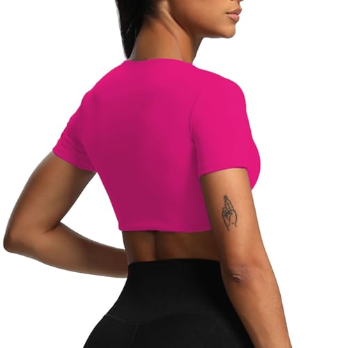 Image of Aoxjox Short Sleeve Crop Tops for Women Sienna Twist Deep V Workout Cropped T Shirt Top (Rose Red, Small)
