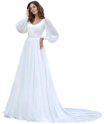 Women's Chiffon Long Sleeves Wedding Dress for Bride Lace A Line Floor Lenght Beach Bridal Dress for Women