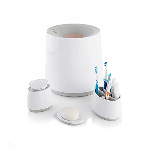 Minky Bathroom Accessory Bundle, 4 Pieces Bathroom Set Includes: Waste Bin, Storage Caddy, Soap Dish, Soap Dispenser, Bathroom and Toilet Accessories, White & Light Grey