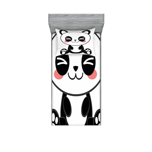 Ambesonne Anime Fitted Sheet & Pillow Sham Set, Cartoon Smiling Panda Fun Animal Theme Japanese Manga Kids Teen Art Print, Decorative Printed 2 Piece Bedding Decor Set, Twinxl, Black White Grey
