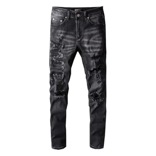 Jeans Pants Trousers Denim Black Patched Fabric for Men Comfortable Slim Fit and Stretch Men's Wear