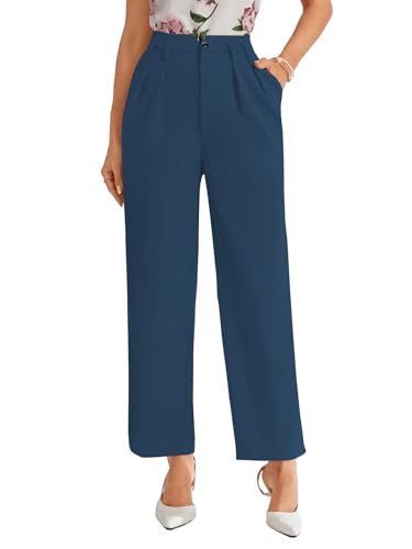 Image of Shasmi Women's High Waist Pleated Straight Leg Trousers - Elegant Solid Color Work Pants with Pockets, Casual Office Wear Polyester Blend Wide Leg Suit Pants (Trouser 235)
