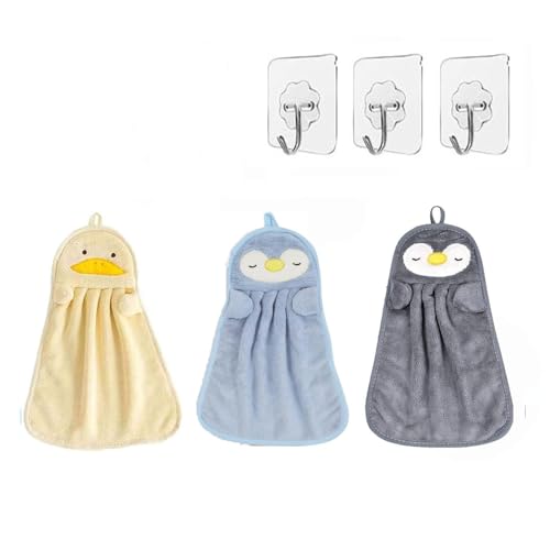 Toalla Mano Dibujos Animados Niños,Pack de 3 Toallas de Mano para Niños,Toallas Absorbentes con Diseños de Animales,Poliéster Suave,Toallas Colgantes para Baño,Cocina o Viajes,37x25 cm（Con 3 ganchos）