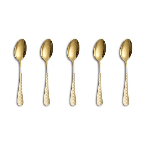 Image of 6.7 inch Aurum Gold Dessert Spoons Set of 5 with Checks Printed Handle ? Durable Stainless Steel Teaspoons, Mirror Polished Silverware Spoons, Perfect for Home, Restaurant, and Gifting