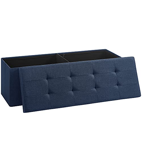 SONGMICS Mazie Collection - Banc de Rangement, Repose-Pieds Pliable de 110 cm, Bout de Lit, Montage Facile, pour Salon, Chambre, Entrée, Bleu Minuit LSF77IN