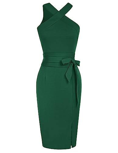 GRACE KARIN CL1586S23 Vestido para mujer con cuello halter, sin mangas, cintura definida, ajustado a la figura y envolvente en la cadera, con cinturón, verde oscuro, L