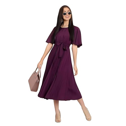 Image of KUDUZO Women's Crepe Long Pleated Below Knee Length Flutter Sleeve Round Neck S to XL Maxi Dress for Girls. (EG-U0IM-B9A1)