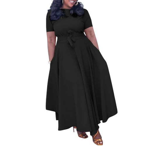 Image of Hostoyo Women Plus Size Formal A Line Maxi Dress Self Tie Waist with Pockets Elegant Round Neck Swing Long Dresses