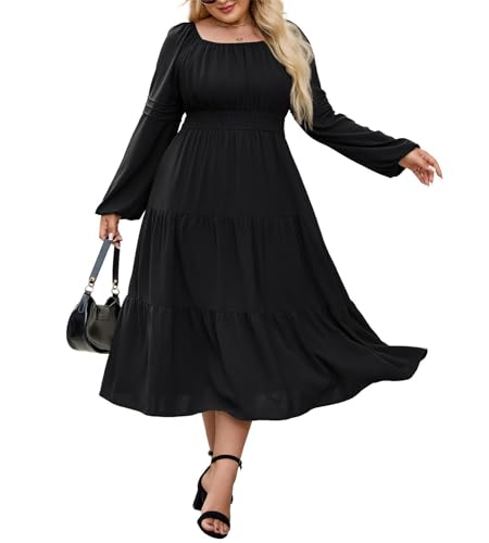 Robe trapèze grande taille à manches longues et col carré Hanna Nikole