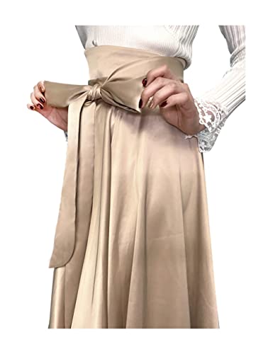 Women Elegant High Waist Wrap Tie Front Pleated Full Wing Maxi Skirts4