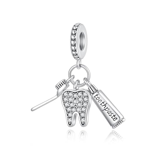 Alstiva Zahnbürste, Zahn & Zahnpasta Charm Anhänger 925 Sterling Silber 5A Zirkonia Charm Anhänger für Armband Bead Pendant für Europäische Armbänder Halsketten Schmuck Geschenk für Frauen Freundin