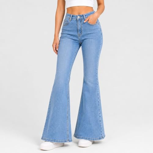 Image of Women's High Waist Bell Bottom Jeans | Flared Wide Leg Stretchable Denim Pants | Stylish Casual, Party & Everyday Wear | Denim Pant Suits | Bootcut Fit Design