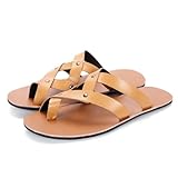 NVBUKE Men's Leather Toe Ring Flat Roman Sandals Fashion Breathable Round Open Toe Cross Strap Slip-On Clip-Toe Non-Slip Beach Sandals Comfortable Walking Flat Sandals (Brown,12)