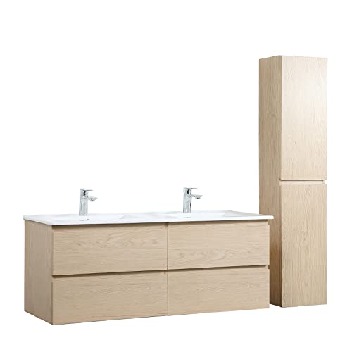 MOB-IN Meuble Double Vasque 120cm avec Plan céramique Sorrento Décor chêne + Colonne
