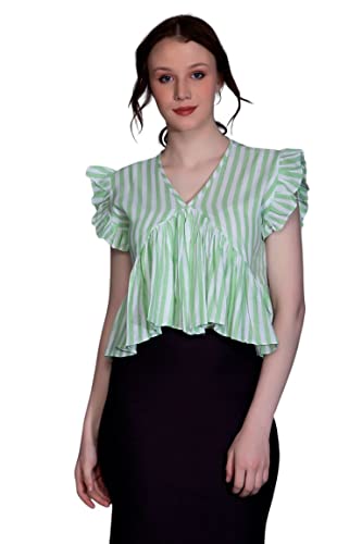 Image of Leriya Fashion Women's Western Regular Fit Crop Tops | Fancy Stripped with Ruffle Sleeves | Button Down Lightweight Cotton for Girls | Suitable for College Office Casual Wear for Ladies