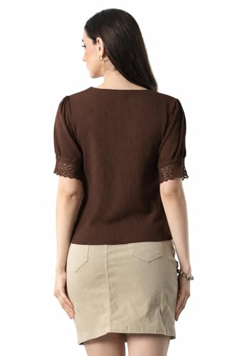 Image of Women V Neck Top with Button Front Puff Sleeves Crochet Lace Trim | Breathable Casual Blouse Shirt for Women | Summer Crop Top for Girls | Daily use Office College