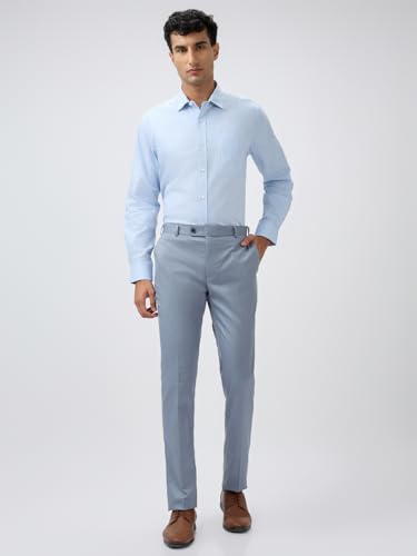 Image of Raymond Men Mid Rise Slim Fit Solid Pattern Poly Viscose Blend Flat Front Formal Trouser