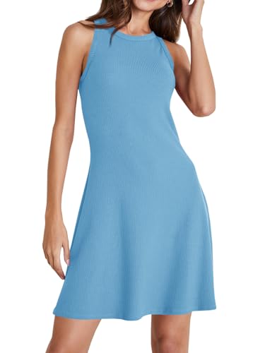 Image of Wenrine Womens Summer Casual Tank Dress Ribbed Knit Sleeveless Crewneck A Line Mini Dresses
