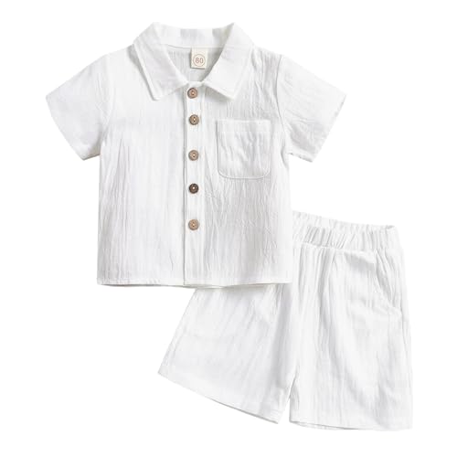 JiAmy Baby Jungen Kleidung 2Pcs Sommer Kurzarm Einfarbige Leinen Shirt Top+ Shorts Neugeborene Babykleidung Outfit Set Jungen 18-24 Monate Weiß