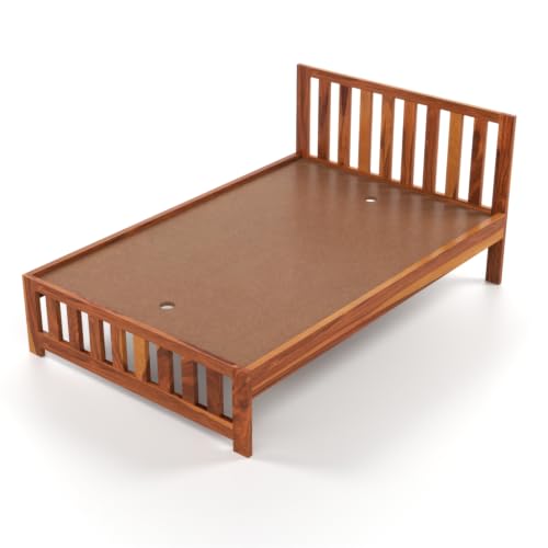 Image of Solid Sheesham Wood Single Size Bed Without Storage | Contemporary Wooden Single Cot with Slatted Headboard & Footboard | Strong Wooden Divan Bed for Bedroom (Honey Finish)