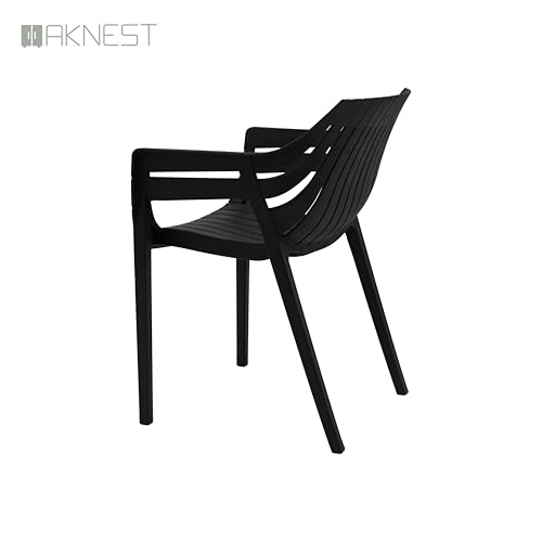 Image of OAKNEST Supreme Spectrum Plastic Arm Chair - Modern Slatted Stackable Chair for Living Room, Dining, Garden, Balcony, Restaurant & Cafe | Weatherproof Indoor Outdoor Designer Chair, Set of 2, Black