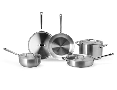 Image of Misen 5-Ply Stainless Steel Cookware Set - Versatile, Dishwasher Safe - 9-Piece Set - 10 inch Skillet, 12 inch Skillet + Lid, 3 QT Saute Pan + Lid, 3 QT Saucier + Lid, 8 QT Stockpot + Lid