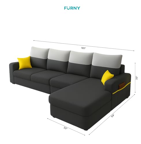 Image of FURNY Premium Amega 6 Seater Fabric RHS L Shape Sofa Set for Living Room with Dual Color Cushions (Dark Grey)