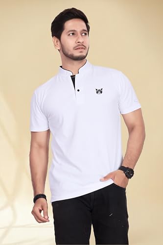 Image of BAGHADBILLO Men's and Boy's Polyster T-Shirt with Mandarin Collared Neck Half Sleeves Closuer Button and Regular Fit | Polo t Shirt for Man