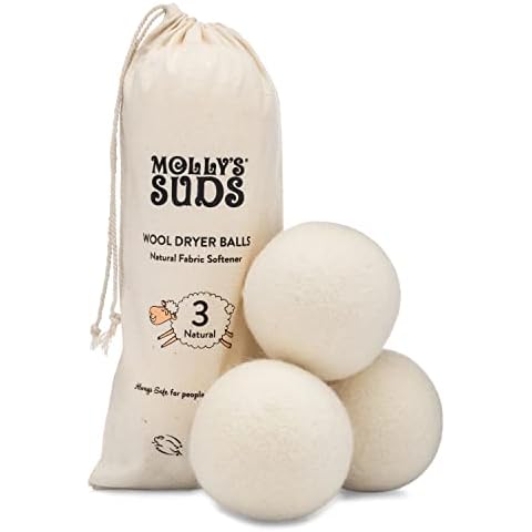 Molly's Suds Wool Dryer Balls (set of 3) - Natural Fabric Softener, Reduce Drying Time, Reusable, Chemical Free, Unscented Cover