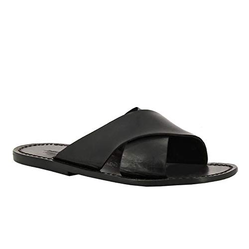 Mens Leather Slippers Handmade in Italy in Black Leather