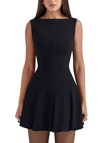 YMDUCH Women's Summer Sleeveless Boat Neck A-line Flared Hem Club Party Mini Dress Black