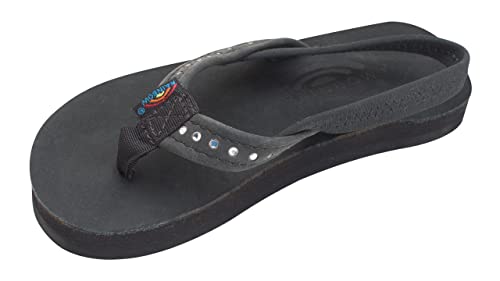 Image of Rainbow Sandals Kid's Single Layer Premier Leather w /Narrow Crystal Strap, Premier Black, w /backstraps Kid's 5-6 B(M) US