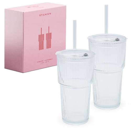 2er Set Glasbecher mit Deckel & Strohhalm | 600 ml geriffeltes dickwandiges Glas | Eiskaffee- & Smoothie-Gläser | inkl. 2 Strohhalme & Reinigungsbürste | Spülmaschinengeeignet | wasserdicht