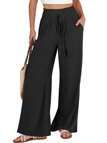 ANRABESS Women's Linen Pants Summer Casual Palazzo Beach Pant Drawstring High Waist Wide Leg Trousers Vacation Outfits