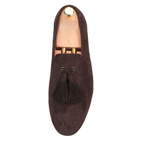 FERUCCI Men Dark Brown Suede Slippers Loafers Flat with Big Brown Tassel3