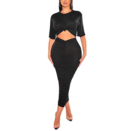 LuFeng Damen Sexy Kurzarm Ausschnitt Geknotet Gerafft Midi Kleid Casual Bodycon Shirts Langes Kleid, Schwarz, Klein